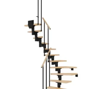 dublin stubište u poluzaokretnom obliku s crnom konstrukcijom, bukovim gazištima i ogradom CLASSIC II s okomitim šipkama