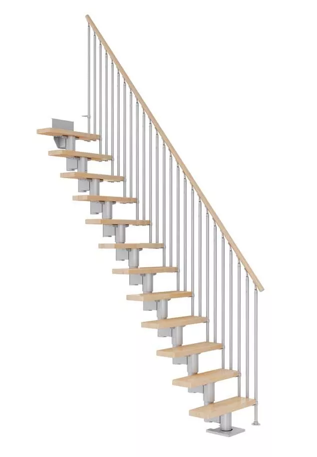 ravne stepenice DUBLIN sa svijetlosivom konstrukcijom, bukovim gazištima i klasičnom ogradom CLASSIC III s okomitim šipkama