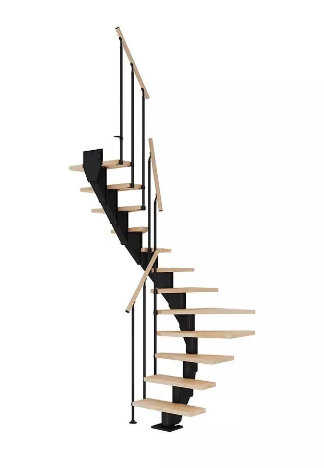 stepenice FRANKFURT u L obliku s nauljenim bukovim gazištima, crnom konstrukcijom i ogradom CLASSIC II