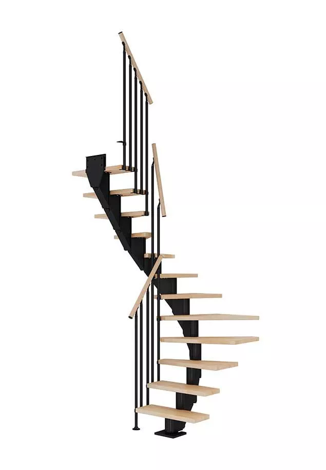 stepenice FRANKFURT u L obliku s nauljenim bukovim gazištima, crnom konstrukcijom i ogradom CLASSIC III