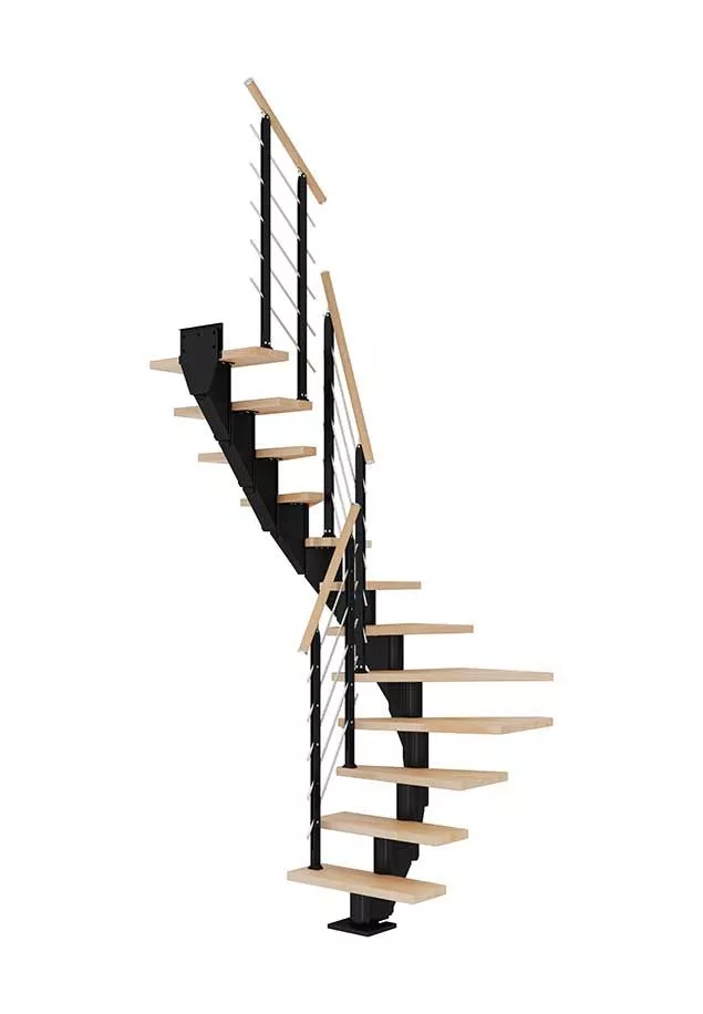 frankfurt stubište s crnom čeličnom konstrukcijom i svijetlim drvenim gazištima, s kabelskom ogradom i rukohvatom od svijetlog drva