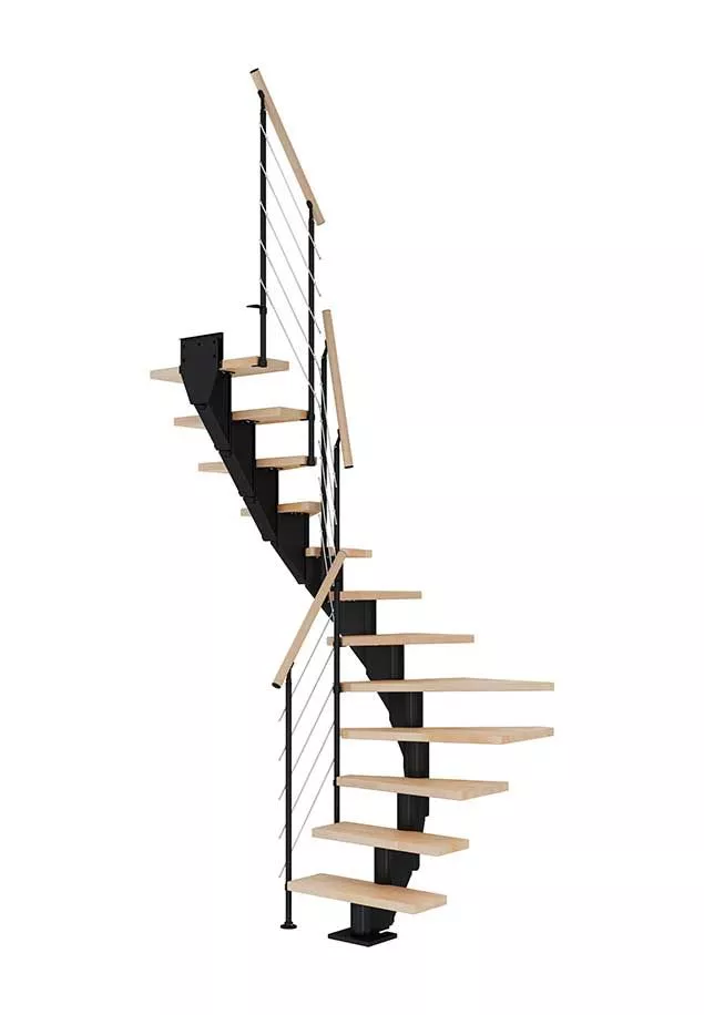 stepenice FRANKFURT u L obliku s nauljenim bukovim gazištima, crnom konstrukcijom i balustradom STYLE 6