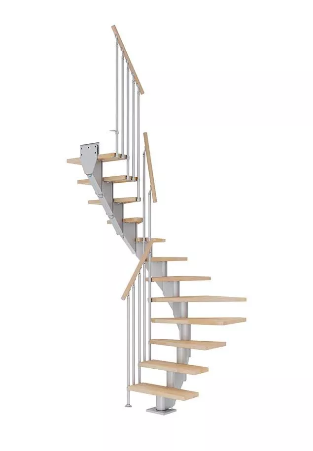 stepenice FRANKFURT u L obliku s nauljenim bukovim gazištima, svijetlosivom konstrukcijom i ogradom CLASSIC III