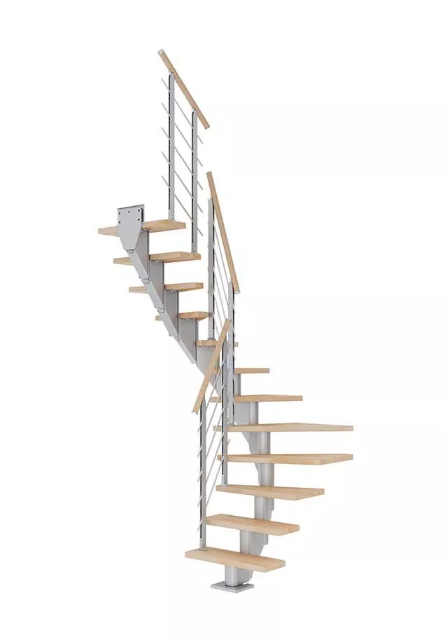 stepenice FRANKFURT u L obliku s nauljenim bukovim gazištima, svijetlosivom konstrukcijom i ogradom DESIGN