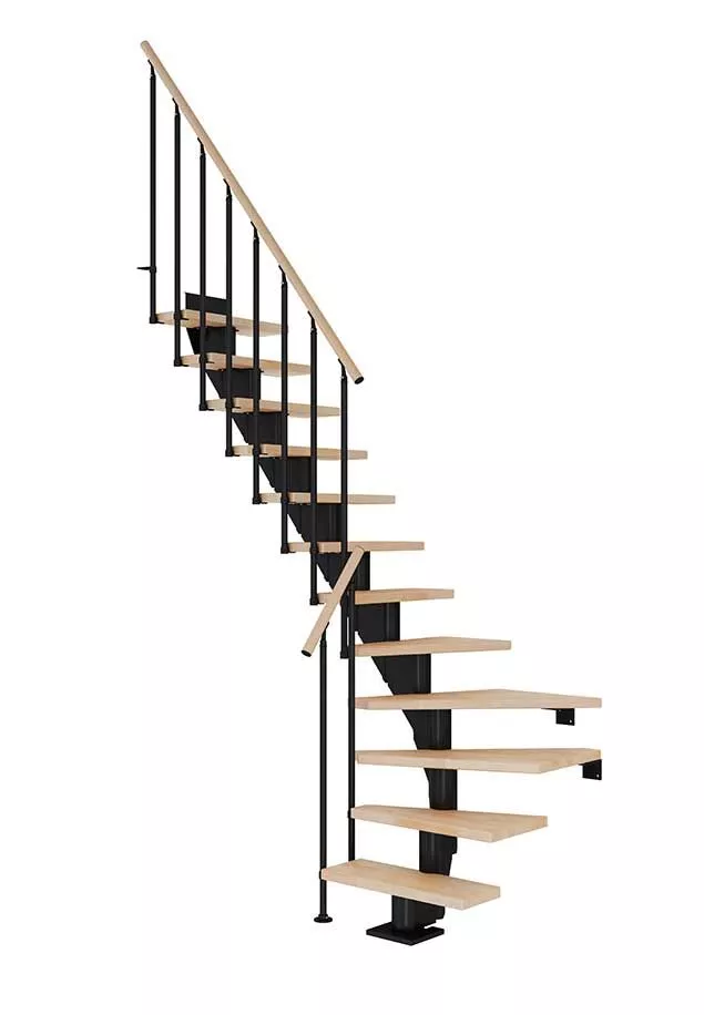 frankfurt stubište u četvrtkružnom obliku s crnom metalnom konstrukcijom, nauljenim bukovim gazištima i ogradom CLASSIC II s okomitim šipkama