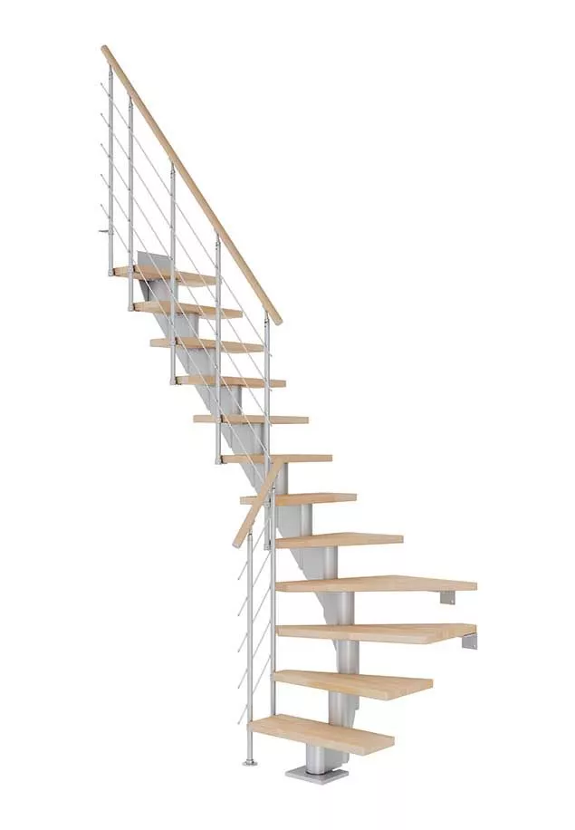 frankfurt stubište s biserno sivom konstrukcijom i nauljenim bukovim gazištima, balustrada STYLE 6 s čeličnim vodoravnim sajlama i drvenim rukohvatom