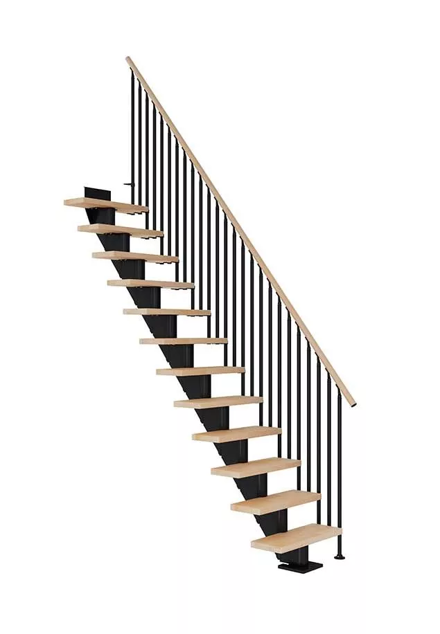 ravne stepenice FRANKFURT s crnom čeličnom konstrukcijom, nauljenim bukovim gazištima i klasičnom ogradom CLASSIC III s okomitim šipkama