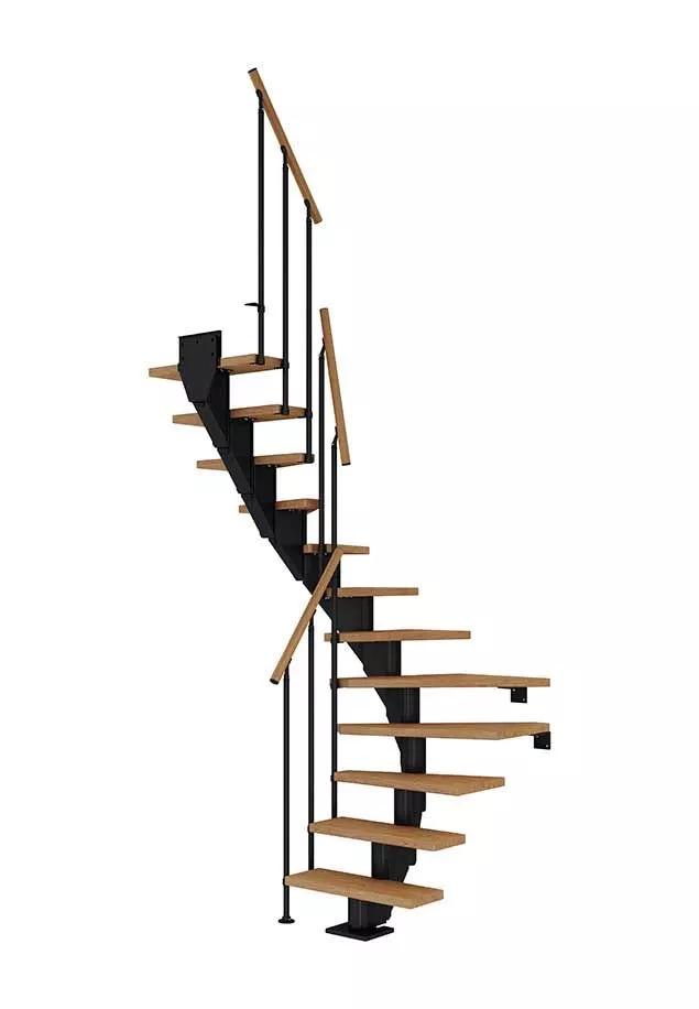 stepenice FRANKFURT u L obliku s nauljenim hrastovim gazištima, crnom konstrukcijom i ogradom CLASSIC II