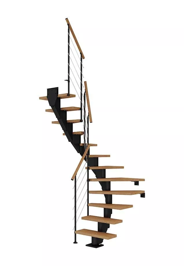 stepenice FRANKFURT u L obliku s nauljenim hrastovim gazištima, crnom konstrukcijom i balustradom STYLE 6