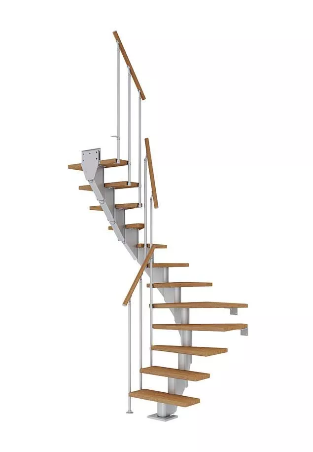 stepenice FRANKFURT u L obliku s nauljenim hrastovim gazištima, svijetlosivom konstrukcijom i ogradom CLASSIC II