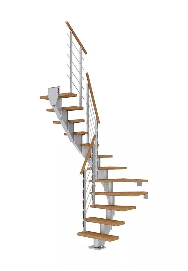 stepenice FRANKFURT u L obliku s nauljenim hrastovim gazištima, svijetlosivom konstrukcijom i ogradom DESIGN