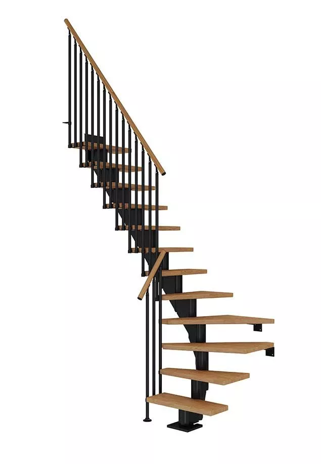 stepenice FRANKFURT u četvrtkružnom obliku s nauljenim hrastovim gazištima, crnom konstrukcijom i ogradom CLASSIC III