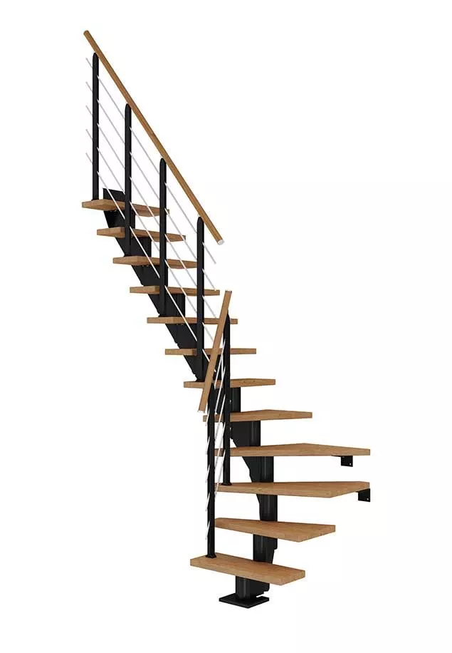 stepenice FRANKFURT u četvrtkružnom obliku s nauljenim hrastovim gazištima, crnom konstrukcijom i ogradom DESIGN