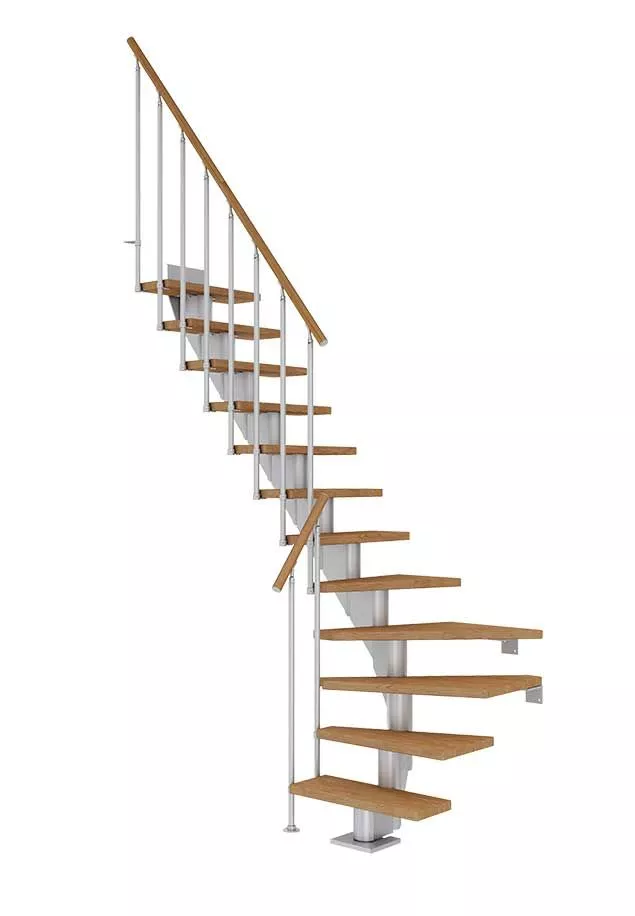 stepenice FRANKFURT u četvrtkružnom obliku s nauljenim hrastovim gazištima, svijetlosivom konstrukcijom i ogradom CLASSIC II