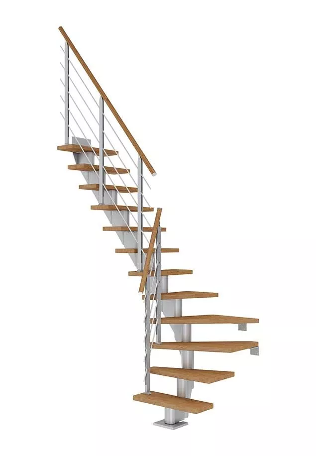 stepenice FRANKFURT u četvrtkružnom obliku s nauljenim hrastovim gazištima, svijetlosivom konstrukcijom i ogradom DESIGN