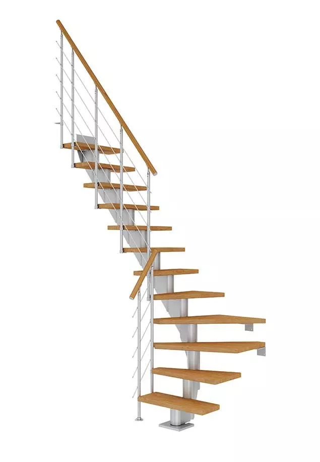 stepenice FRANKFURT u četvrtkružnom obliku s nauljenim hrastovim gazištima, svijetlosivom konstrukcijom i balustradom STYLE 6