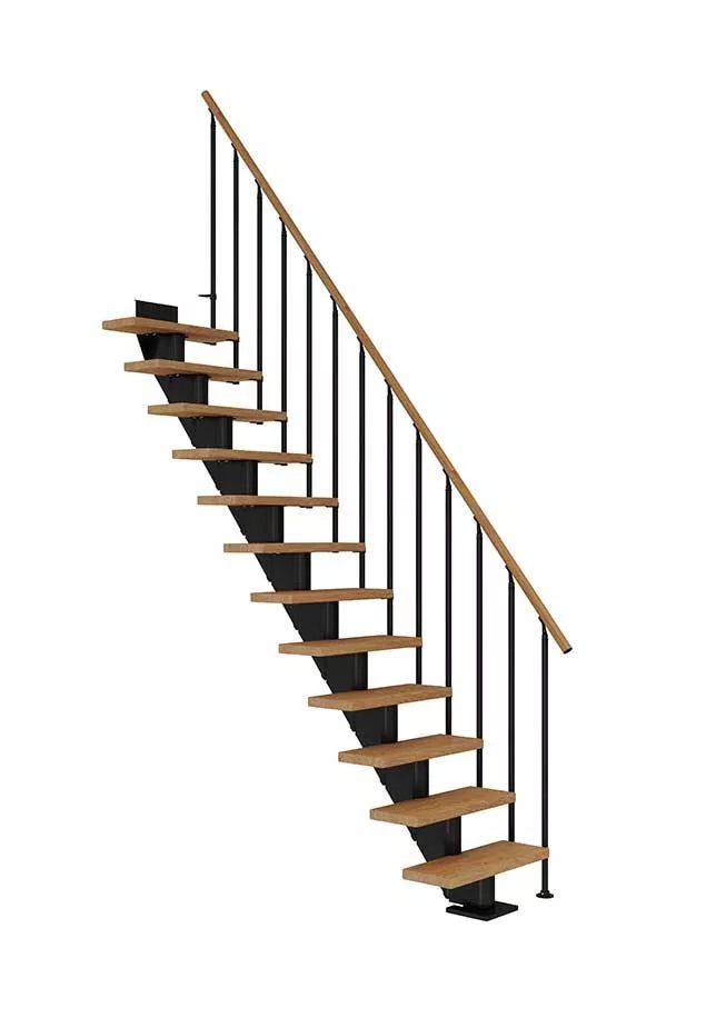 ravne stepenice FRANKFURT s nauljenim hrastovim gazištima, crnom konstrukcijom i ogradom CLASSIC III