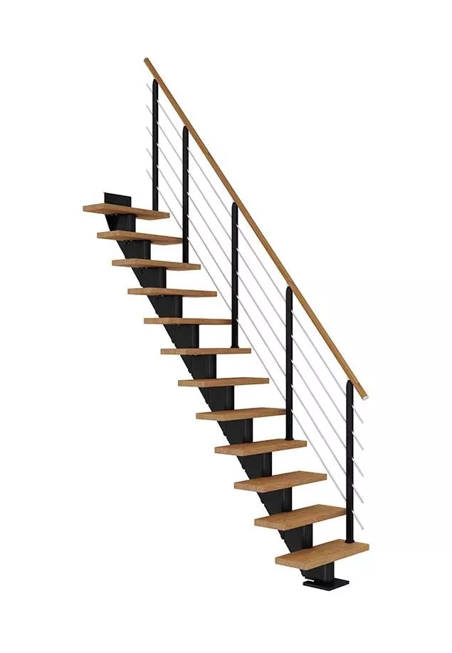 ravne stepenice FRANKFURT s nauljenim hrastovim gazištima, crnom konstrukcijom i ogradom DESIGN