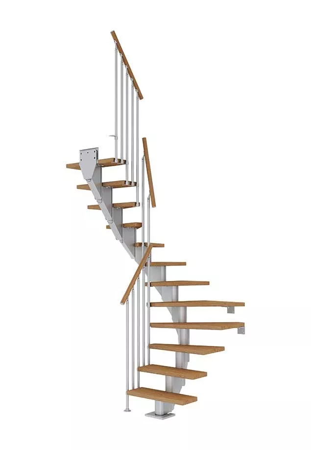 stepenice FRANKFURT u L obliku s nauljenim hrastovim gazištima, svijetlosivom konstrukcijom i ogradom CLASSIC III