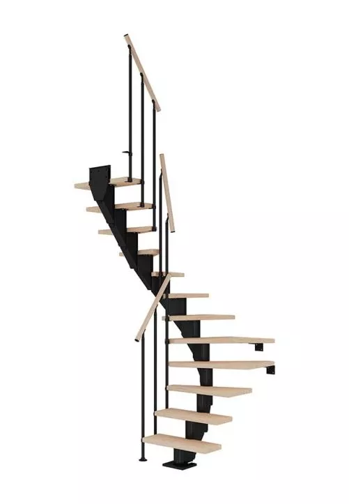 poluokretne stepenice za uštedu prostora FRANKFURT s gazištima od nauljenog hrasta i crnom metalnom konstrukcijom model CLASSIC II