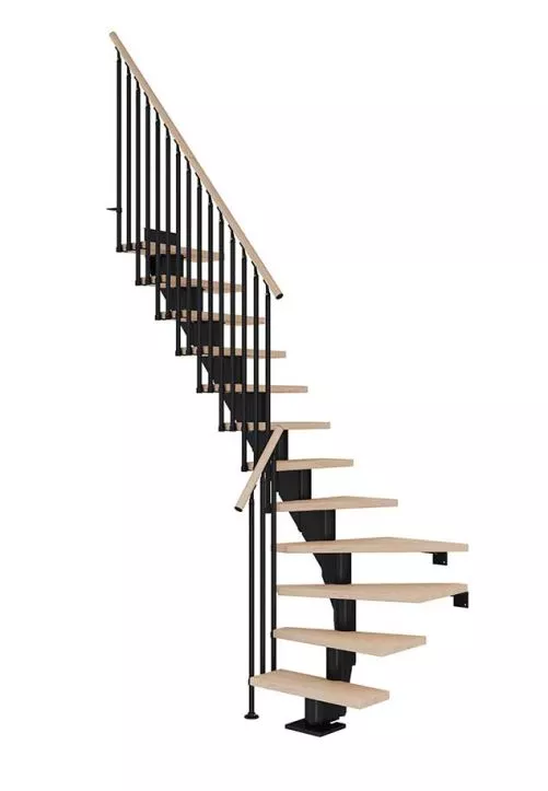 četvrtokretne stepenice za uštedu prostora FRANKFURT od nauljenog hrasta s crnom metalnom konstrukcijom model CLASSIC III