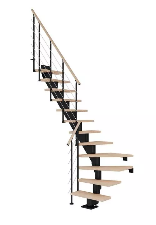 četvrtokretne stepenice za uštedu prostora FRANKFURT od nauljenog hrasta s crnom konstrukcijom model STYLE 6