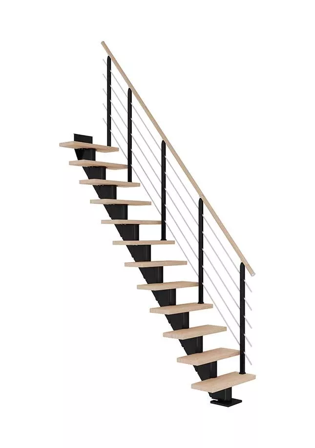 ravne stepenice za uštedu prostora FRANKFURT od nauljenog hrasta s crnom metalnom konstrukcijom model DESIGN