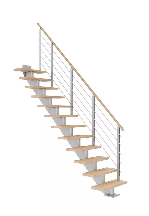 modularne stepenice Hamburg s bukovim gazištima, ravna konstrukcija, sedefasto siva metalna konstrukcija i dizajnerska ograda