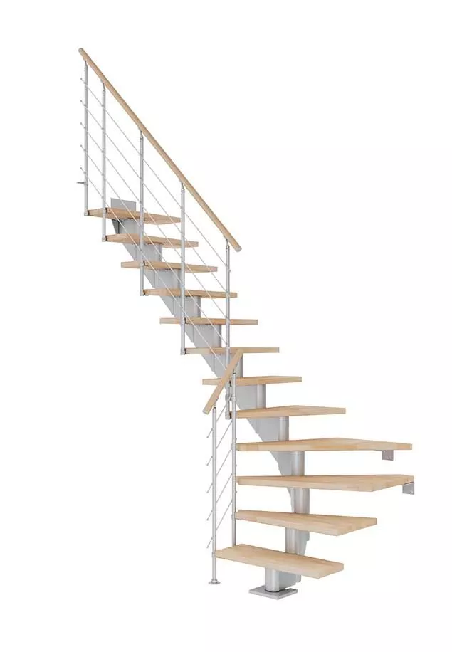 stepenište HAMBURG od bukve s uljem, okretno u boji biserno sive, s ogradom STYLE 6 s čeličnim sajlama