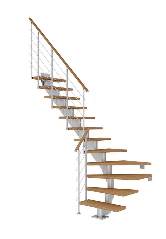 Stepenice modela HAMBURG s drvenim gazištima od hrasta, bez ulja, četvrtasti okret i polu-biserno siva konstrukcija u modernom dizajnu.