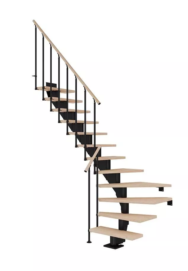 Stepenice modela HAMBURG s drvenim gazištima od hrasta, ulje, okret, crna metalna konstrukcija u klasičnom dizajnu.