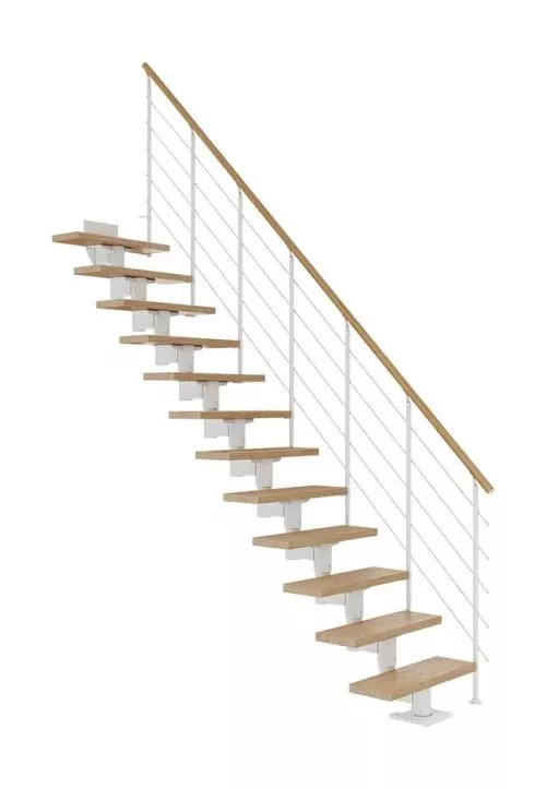 Ravne stepenice – bijela konstrukcija i lakirani hrast sa STYLE 6 ogradom ravne stepenice s bijelom čeličnom konstrukcijom, lakiranim hrastovim gazištima i balustradom STYLE 6 s vodoravnim čeličnim sajlama