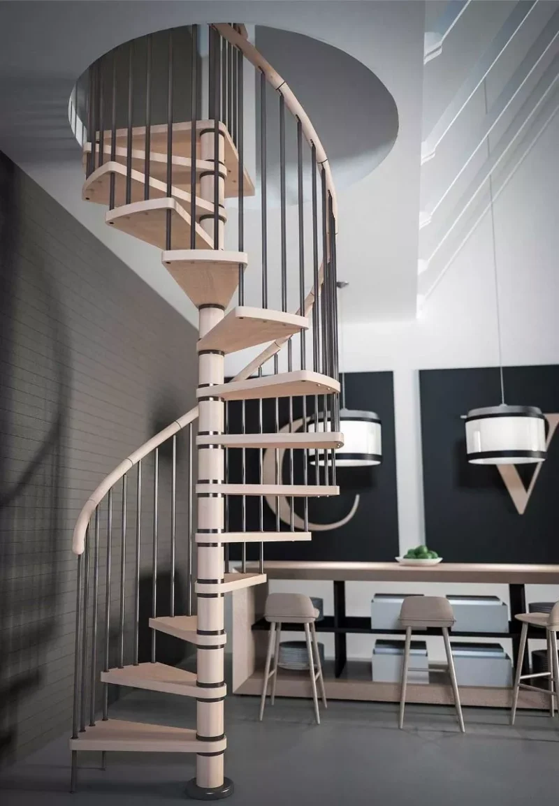Spiralne stepenice COLUMBIA – funkcionalna elegancija u suvremenom prostoru spiralne stepenice COLUMBIA s bukovim gazištima i sivom metalnom ogradom postavljene u modernom interijeru s okruglim otvorom u stropu