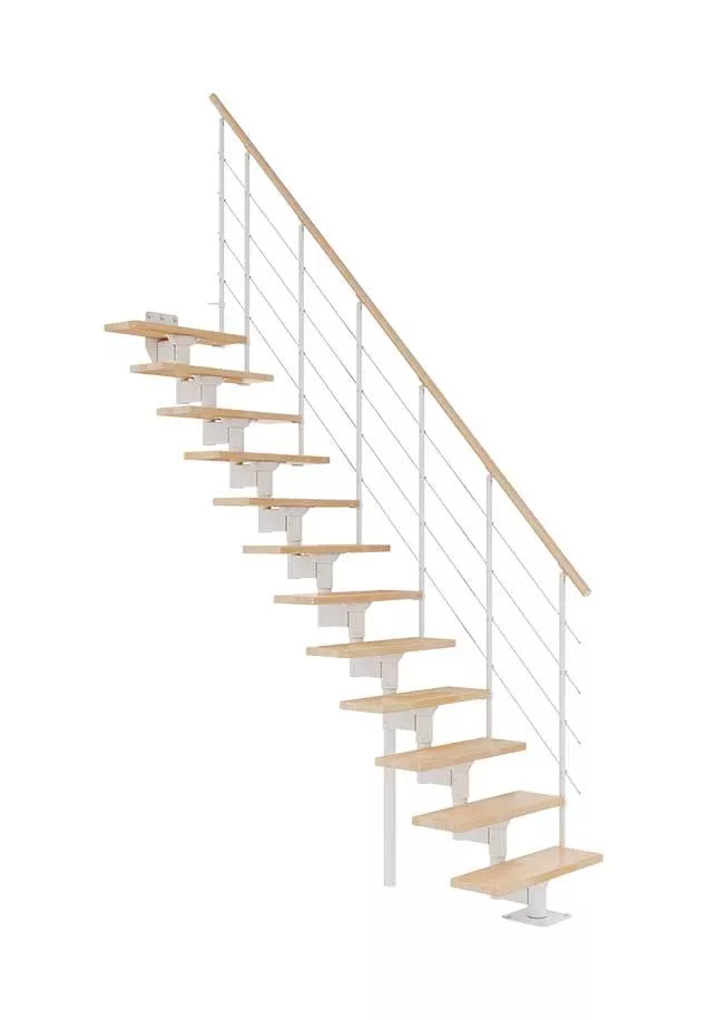 Ravne stepenice BOSTON s bijelom konstrukcijom i bukovim gazištima ravne stepenice BOSTON od bukve s bijelom metalnom konstrukcijom i drvenom ogradom
