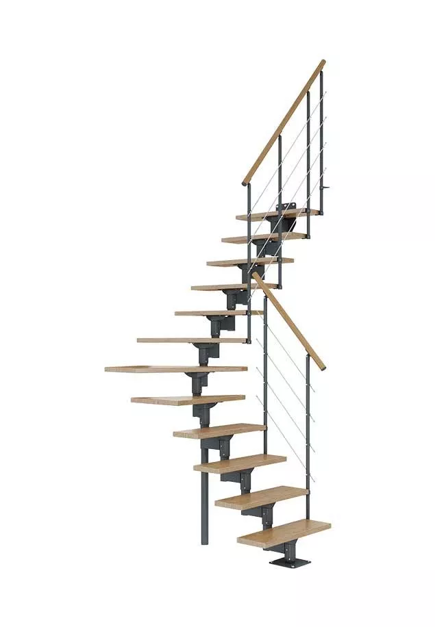 Modularne stepenice BOSTON – sofisticirani kontrast antracita i hrasta modularne stepenice boston s konstrukcijom u antracit boji i hrastovim gazištima s kvartar zavojem i ogradom od čelične sajle