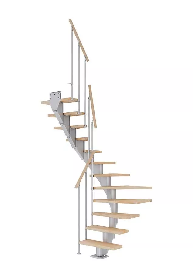 stepenice FRANKFURT u L obliku s nauljenim bukovim gazištima, svijetlosivom konstrukcijom i ogradom CLASSIC II