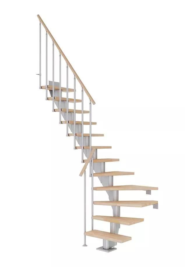 frankfurt stubište s biserno sivom čeličnom konstrukcijom i nauljenim bukovim gazištima, klasična ograda s uspravnim šipkama i drvenim rukohvatom