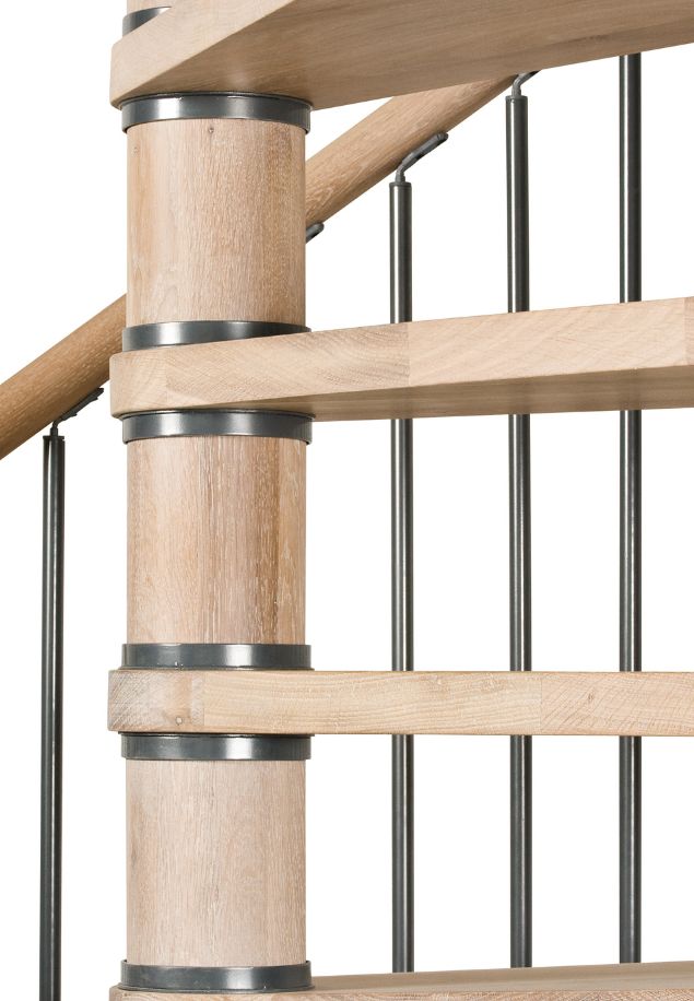 Detalj stepenica COLUMBIA – spoj masivnog drva i čvrste metalne konstrukcije detalj spiralnih stepenica COLUMBIA s drvenim stupom i gazištima, metalnim okovima i uspravnim crnim šipkama