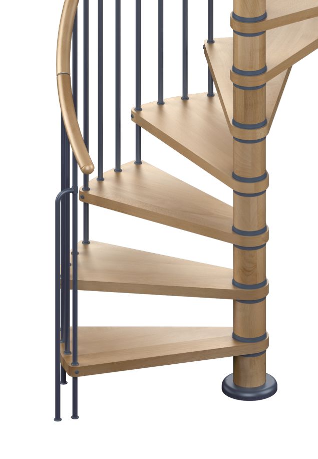 Spiralne stepenice COLUMBIA – pogled iz blizine na niži segment stepeništa donji dio spiralnih stepenica COLUMBIA s drvenim gazištima, rukohvatom i centralnim stupom te metalnim balustrama u antracit boji