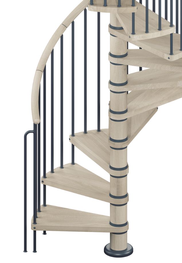 Spiralne stepenice COLUMBIA – spoj svijetlog drva i tamnog metala za elegantan kontrast donji dio spiralnih stepenica COLUMBIA s metalnim rukohvatom i svijetlim drvenim gazištima