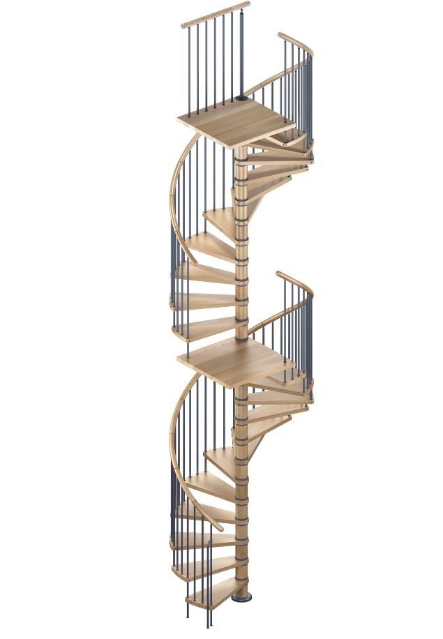 Spiralne stepenice COLUMBIA – dvokatna verzija s dodatnim podestima spiralne stepenice COLUMBIA s dvije podne platforme, drvenim gazištima i rukohvatima te antracit metalnim balustrama