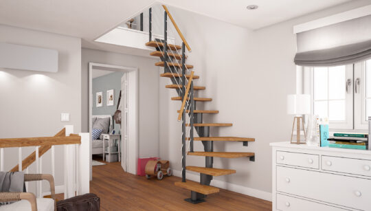 unutarnje kutne stepenice s metalnom konstrukcijom i drvenim gazištima u svijetlom dječjem hodniku s drvenim podom