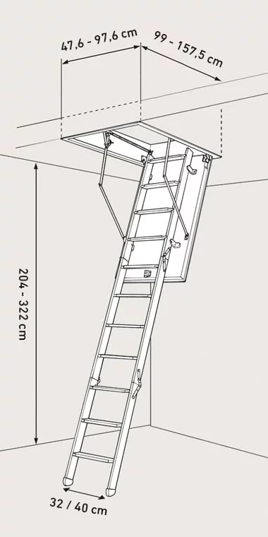 Dimenzije i specifikacije modela clickFIX® 76 GOLD tehnički crtež potkrovnih stepenica clickFIX® 76 GOLD s dimenzijama otvora i visine stropa