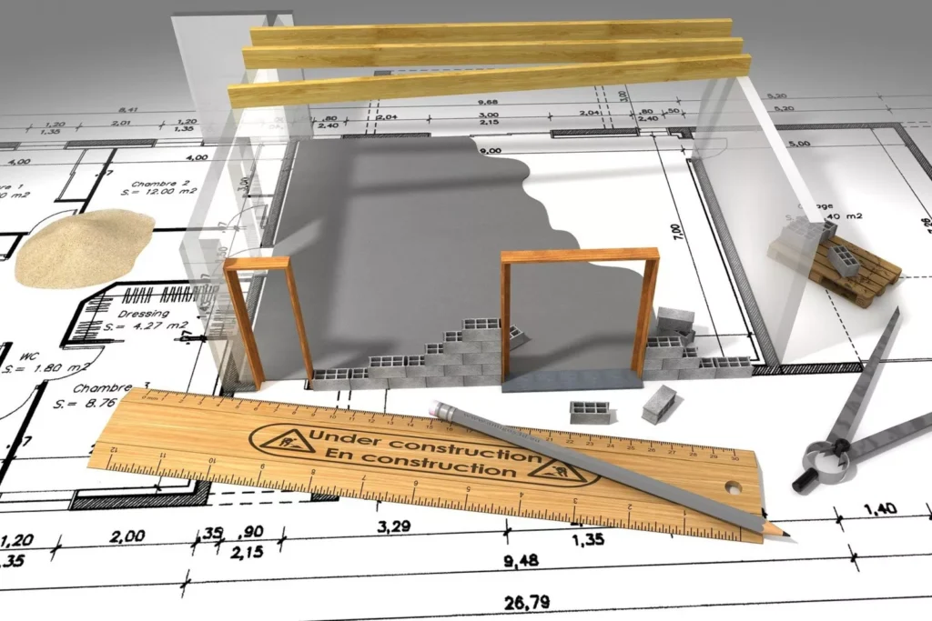 3D prikaz gradilišta na arhitektonskom nacrtu s građevinskim materijalom, alatom i oznakom “u izgradnji”