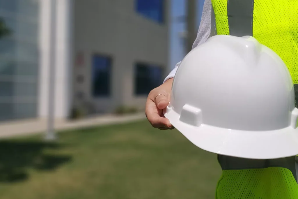 osoba u reflektirajućem prsluku drži bijelu zaštitnu kacigu ispred moderne poslovne zgrade