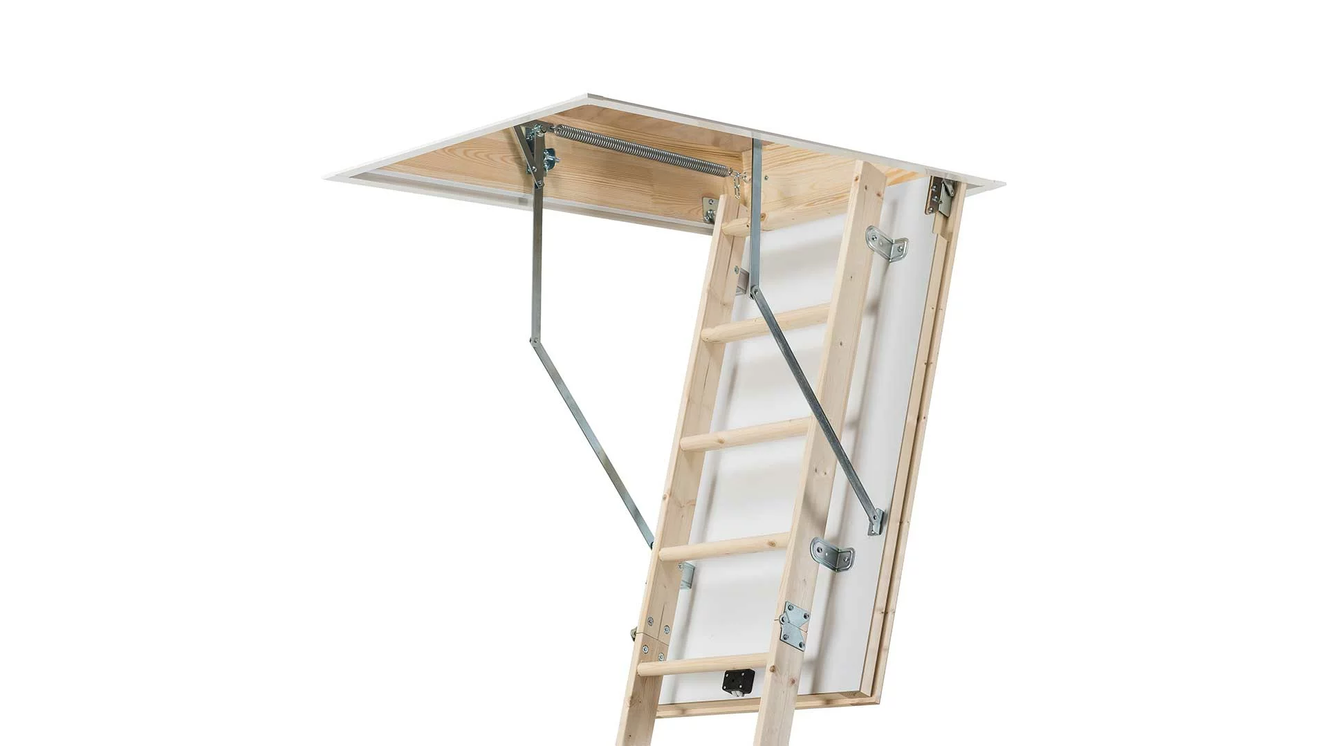 Potkrovne ljestve izrađene po mjeri drvene potkrovne ljestve po mjeri, djelomično rasklopljene, montirane u stropni otvor