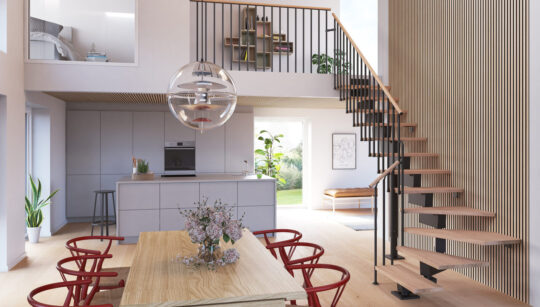 stepenice DUBAI s modernom crnom konstrukcijom i drvenim gazištima u otvorenom dnevnom boravku s kuhinjom i blagovaonicom