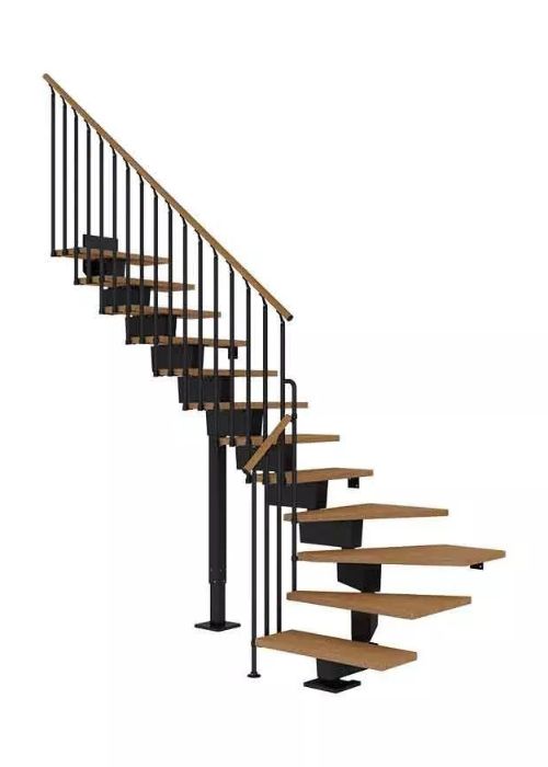 Moderno stubište s metalnom konstrukcijom i drvenim gazištima unutarnje stubište s crnom metalnom konstrukcijom i smeđim drvenim gazištima, jednostruka središnja podkonstrukcija, metalna ograda s drvenim rukohvatom