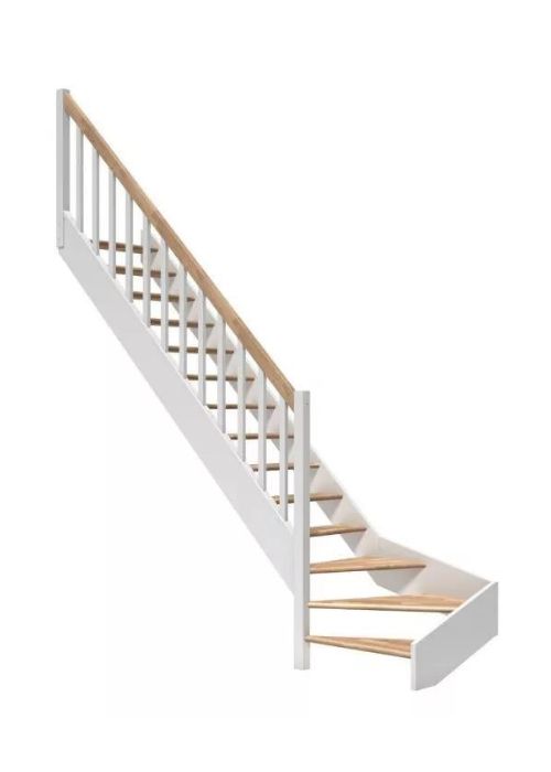 Bijelo drveno stubište s podestom i ogradom drveno stubište s bijelim bočnim panelima i ogradom, svijetle drvene stepenice i rukohvat, donji dio sa zakrivljenim podestom