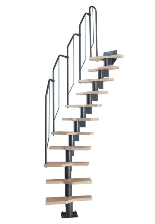 modularne stepenice ATHENA BLACK s crnom metalnom konstrukcijom i svijetlim drvenim gaznicama na bijeloj pozadini